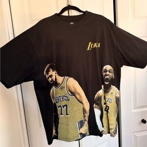 Luka Doncic and LeBron James Black Graphic Tee with Lakers Design